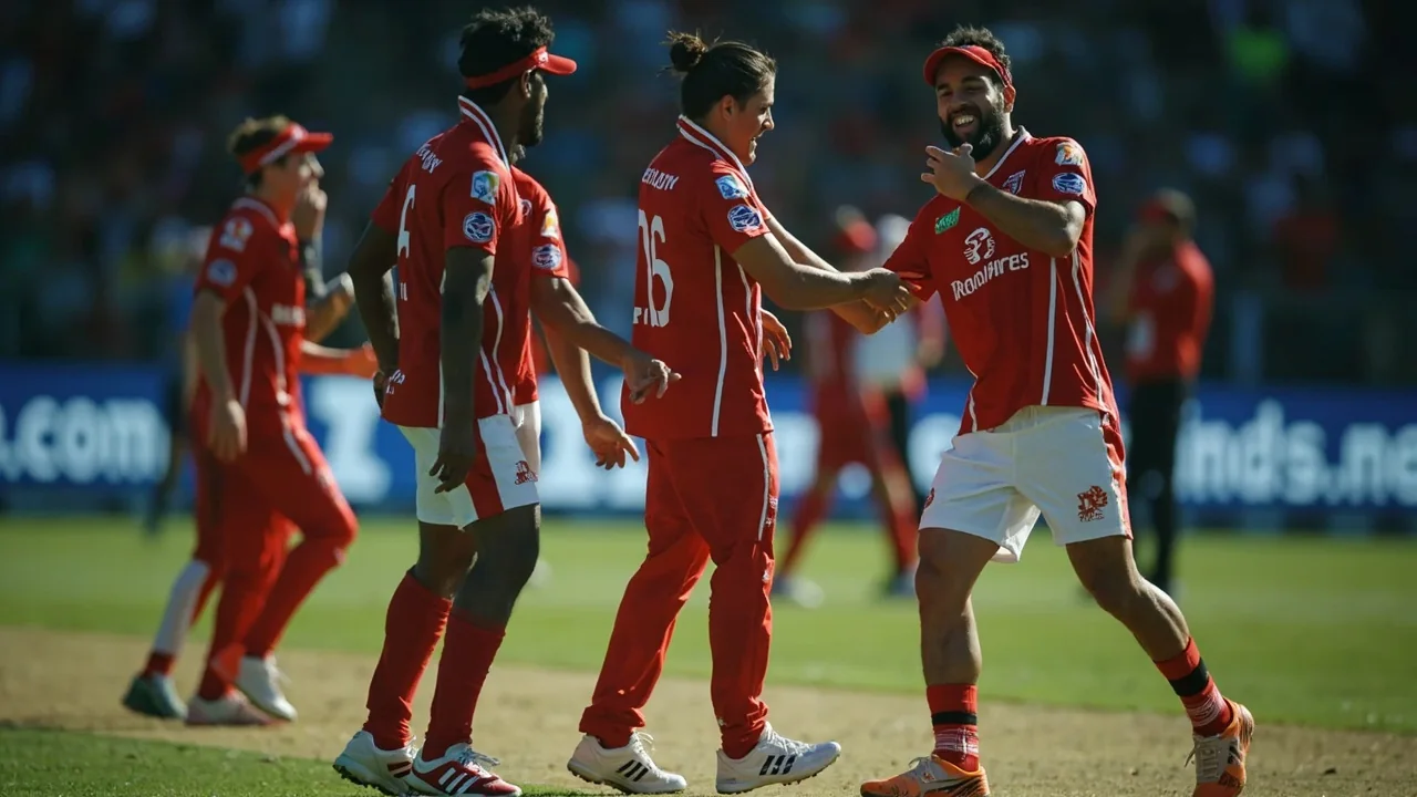 Cricket team in a tactical huddle near the boundary rope during a break in play, used to illustrate the venue-deal decision section