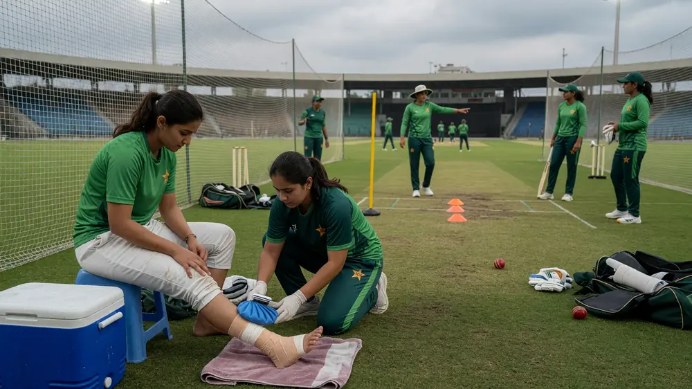 Women's cricket fielders gathered on a green outfield during a tactical break in a T20 match